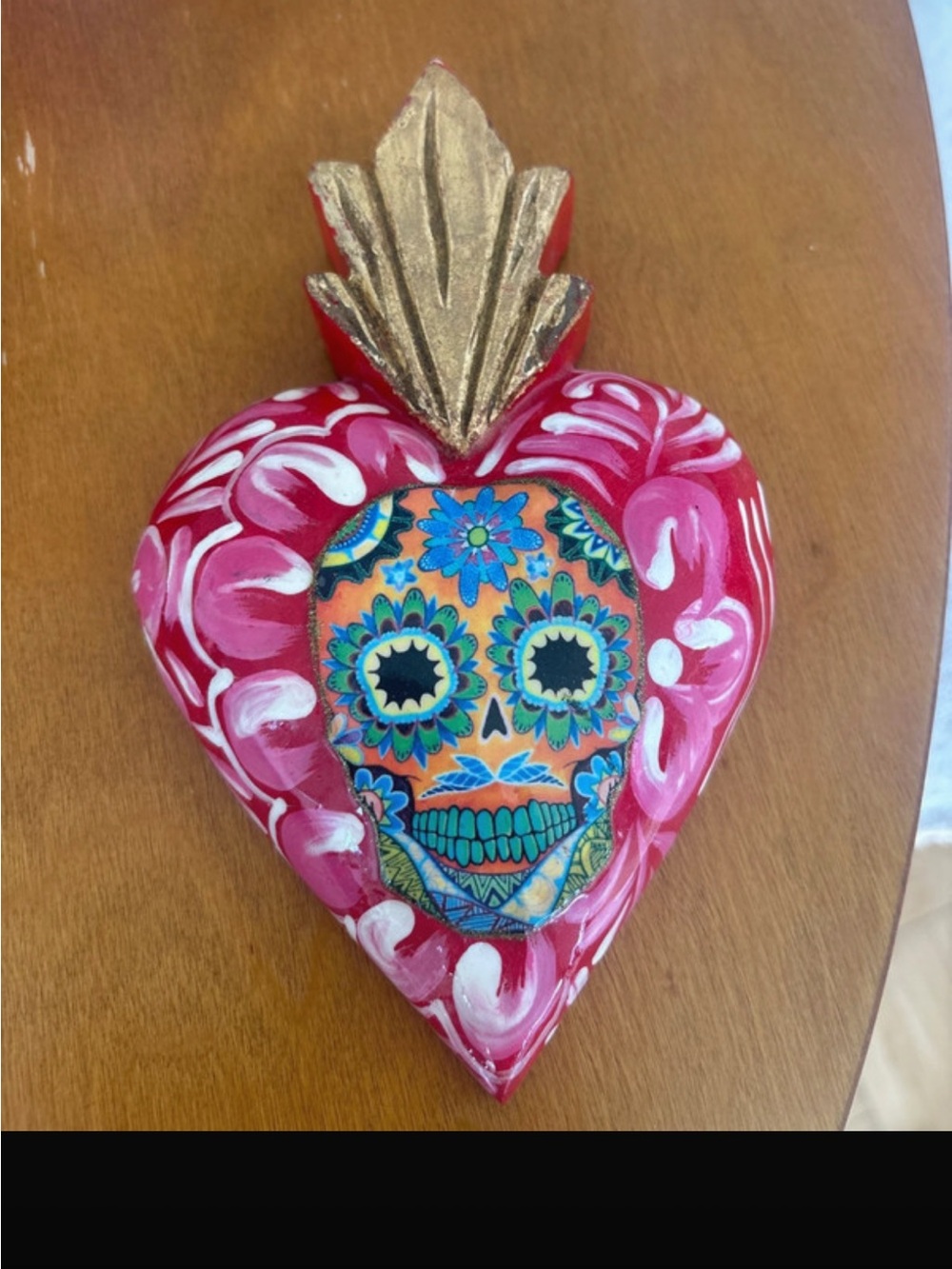 Hand-Painted Pink Sacred Heart Wall Art with Colorful Sugar Skull from Mexico